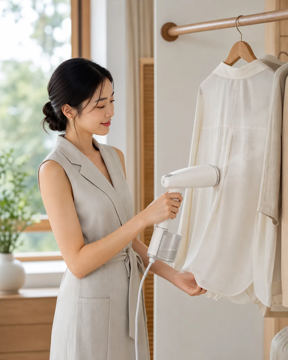 女性在自然光室内使用手持挂烫设备的生活方式画面
