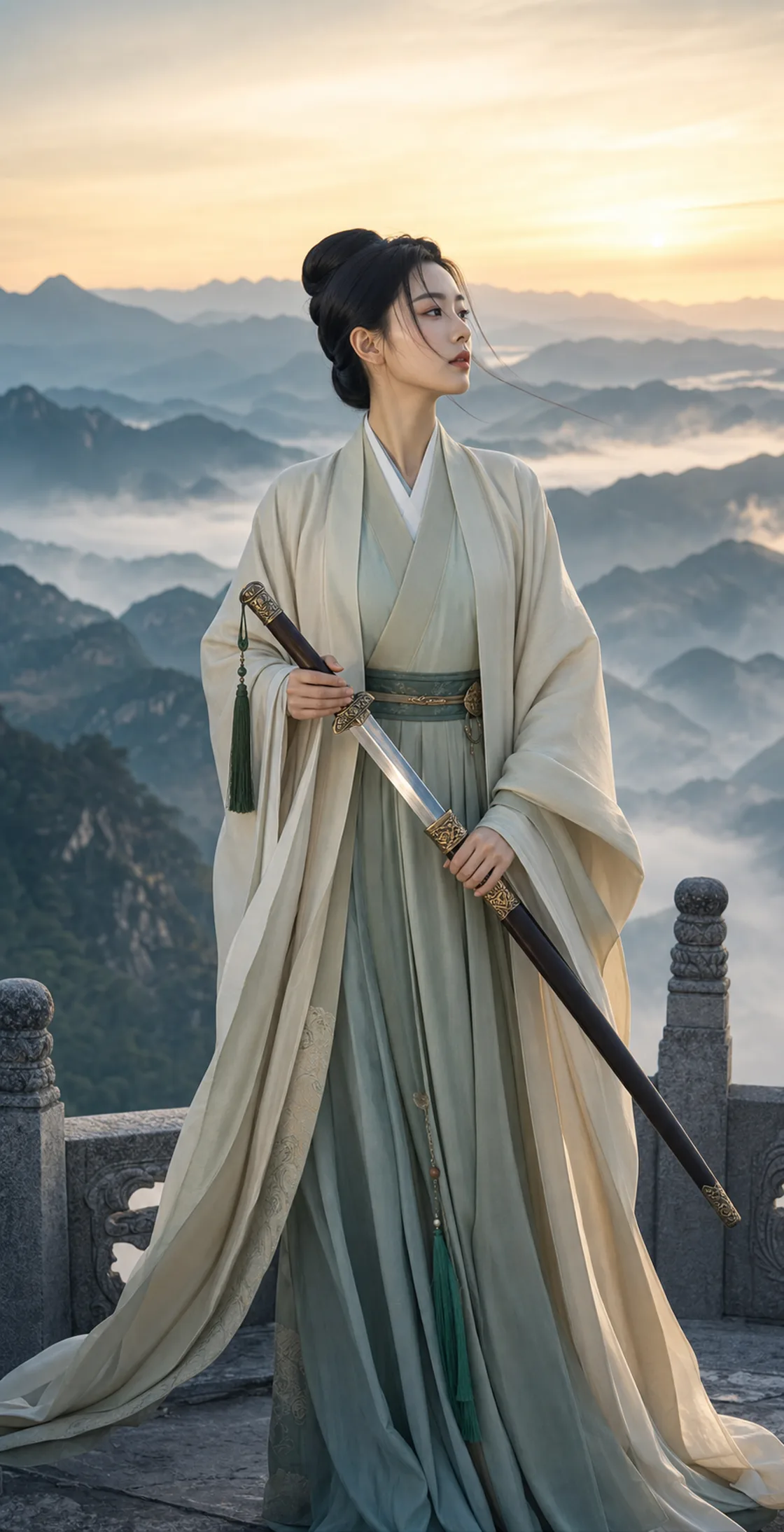东方女性与传统长剑在山水晨光中的文化内容视觉