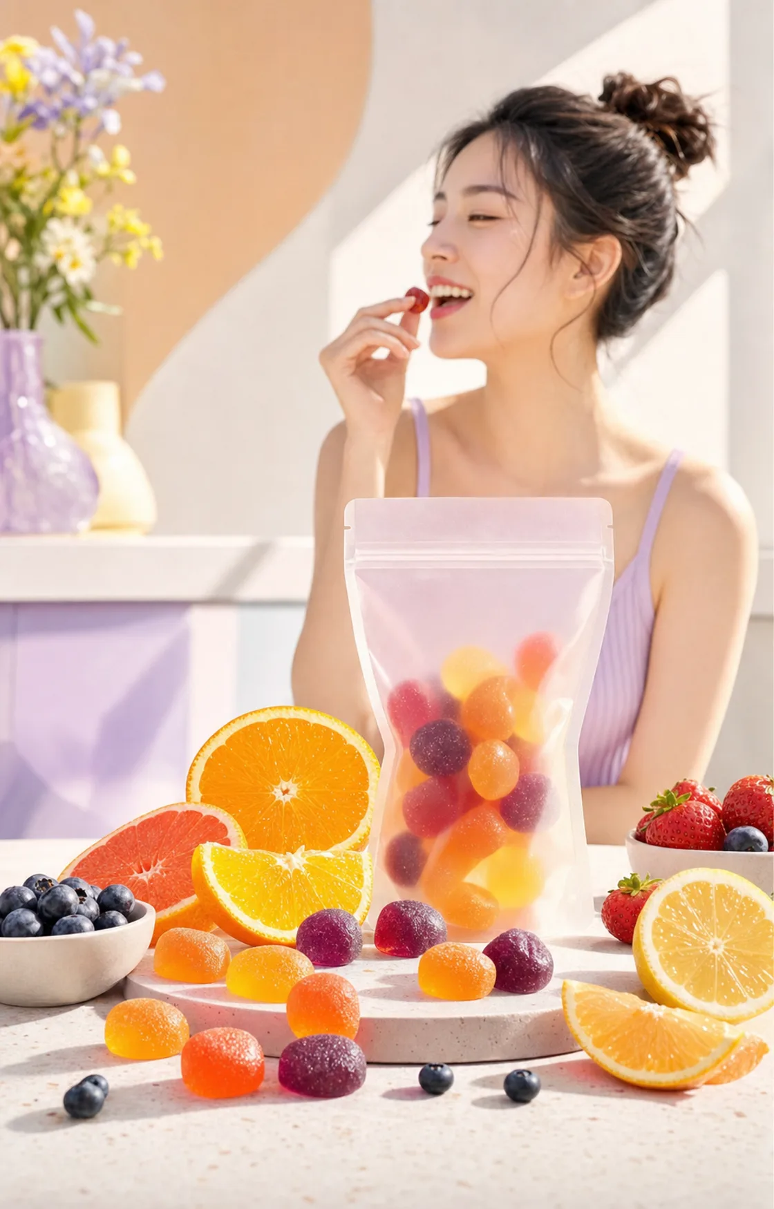 水果软糖与真实水果组成的明亮食品生活方式内容