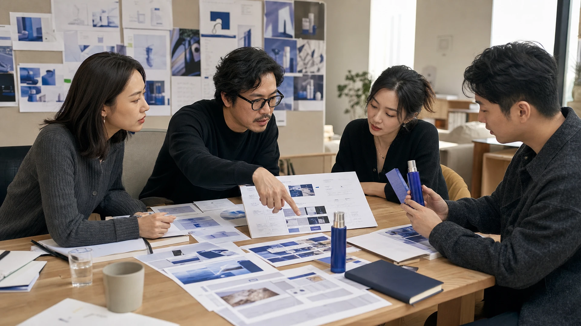 品牌团队围绕护肤新品资料和包装制定营销方案
