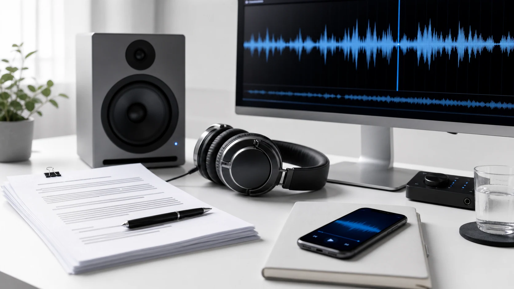 品牌文案、专业监听设备与声音波形组成的声音成果场景