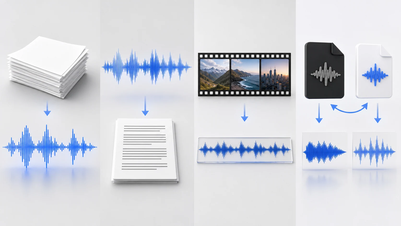 文字转声音、录音转文字、视频提取音轨和音频格式转换四类任务