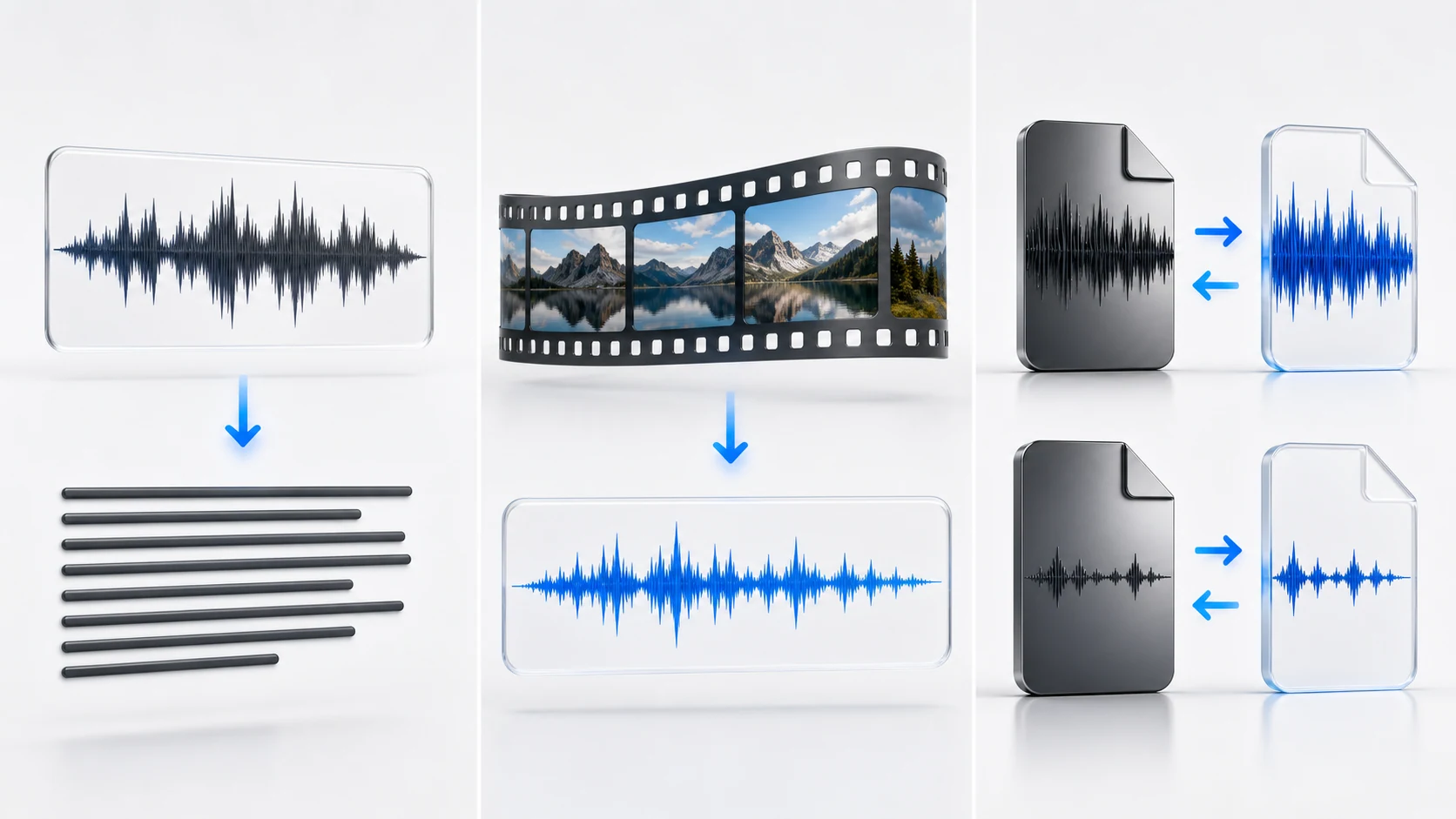 录音转文字、视频提取音轨和 WAV 与 MP3 格式转换的三联处理图