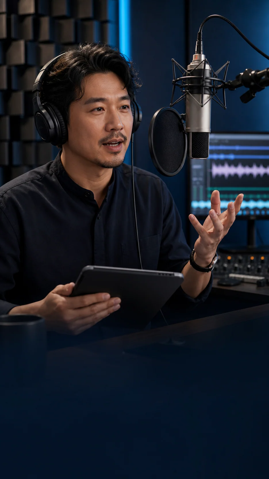 讲师在录音棚录制课程与有声内容