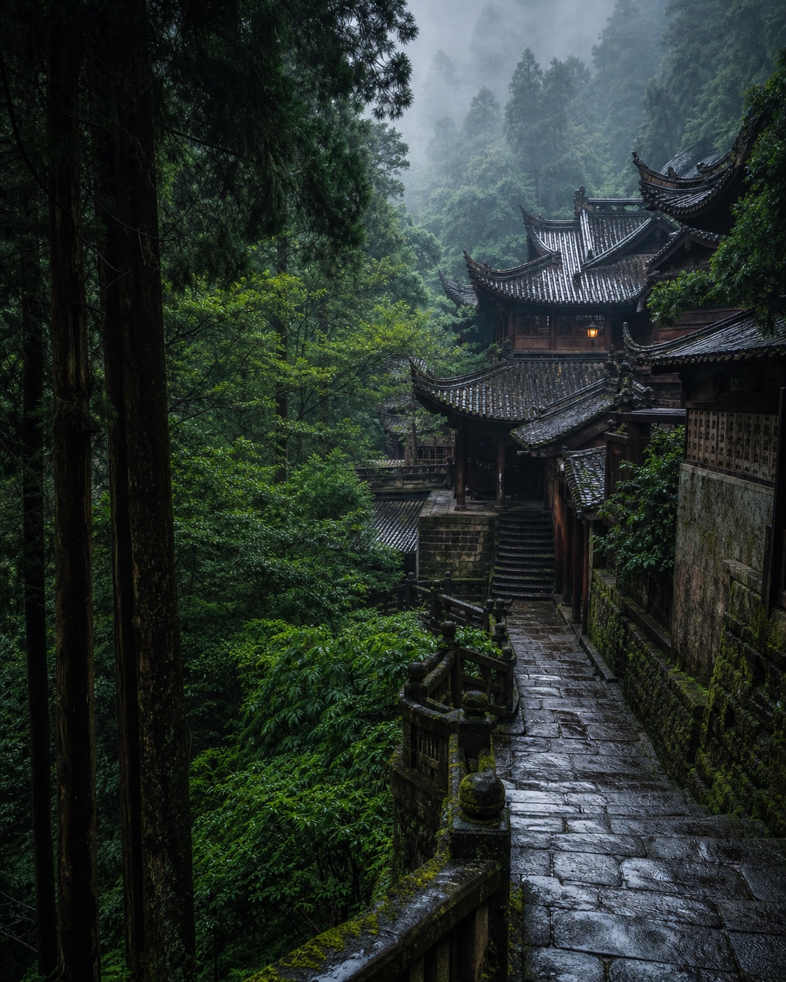 峨眉山雨后古寺与千年石阶